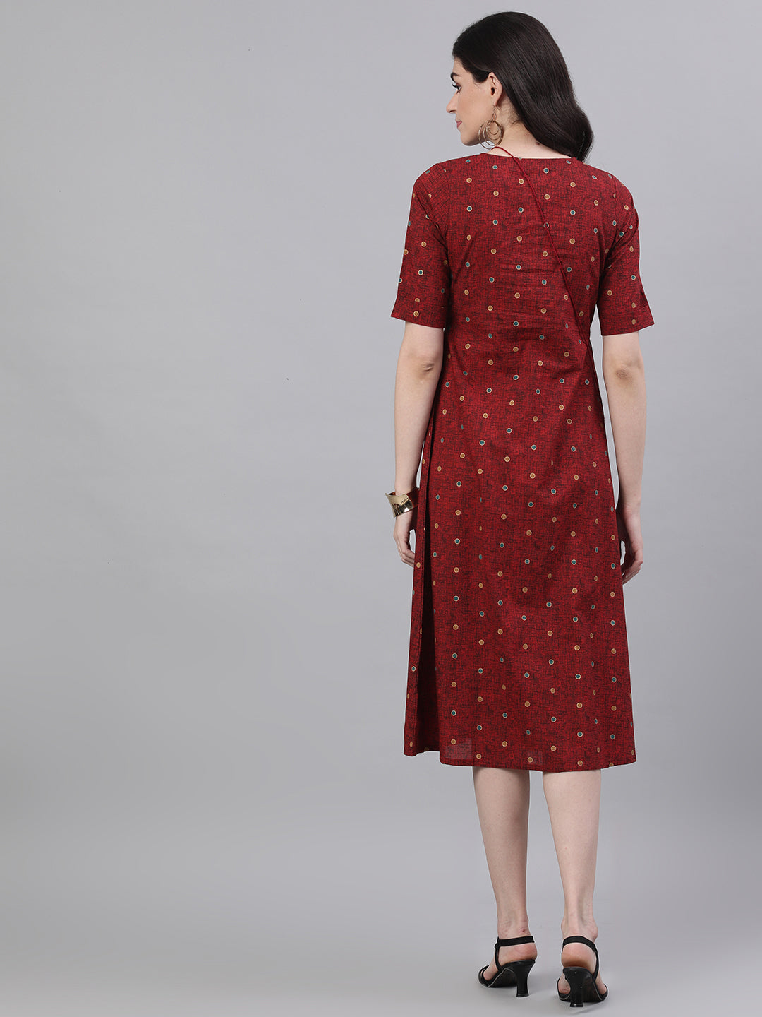 Women Maroon Polka Dots Printed Tie-Up Neck Polyester A-Line Dress | LASVINI - Redefining Indian Fashion with Elegance