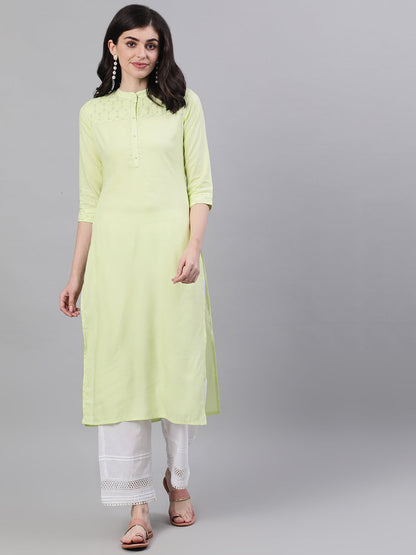 Women Lime Green Calf Length Three-Quarter Sleeves Straight Solid Solid Viscose Rayon Kurta | LASVINI - Redefining Indian Fashion with Elegance