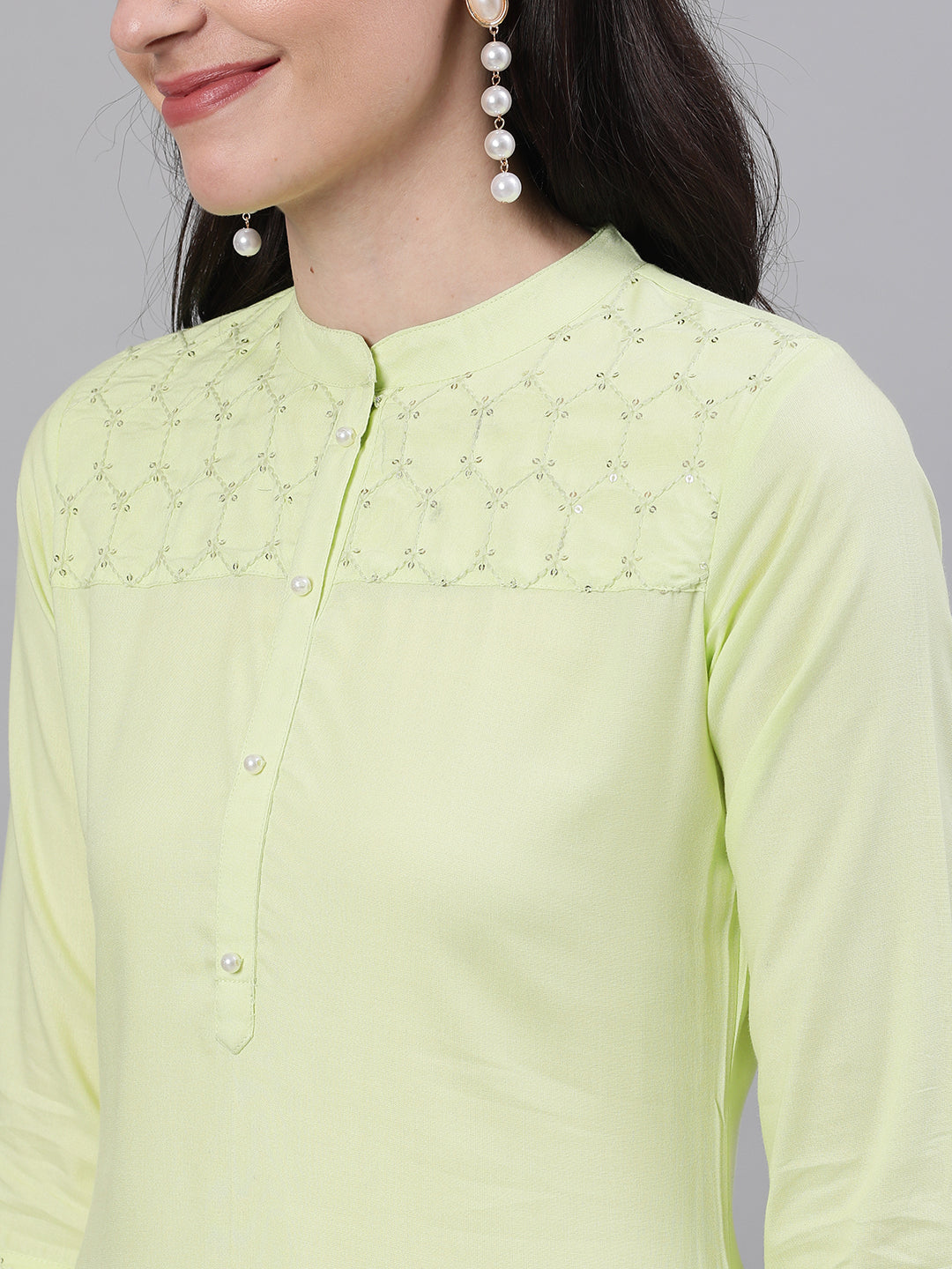 Women Lime Green Calf Length Three-Quarter Sleeves Straight Solid Solid Viscose Rayon Kurta | LASVINI - Redefining Indian Fashion with Elegance