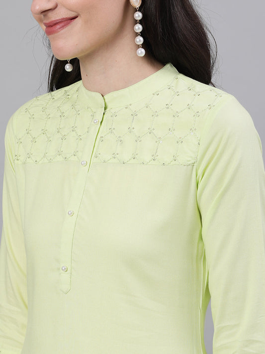 Women Lime Green Calf Length Three-Quarter Sleeves Straight Solid Solid Viscose Rayon Kurta | LASVINI - Redefining Indian Fashion with Elegance