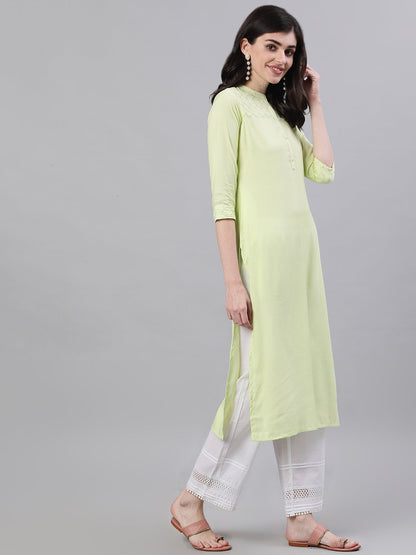 Women Lime Green Calf Length Three-Quarter Sleeves Straight Solid Solid Viscose Rayon Kurta | LASVINI - Redefining Indian Fashion with Elegance