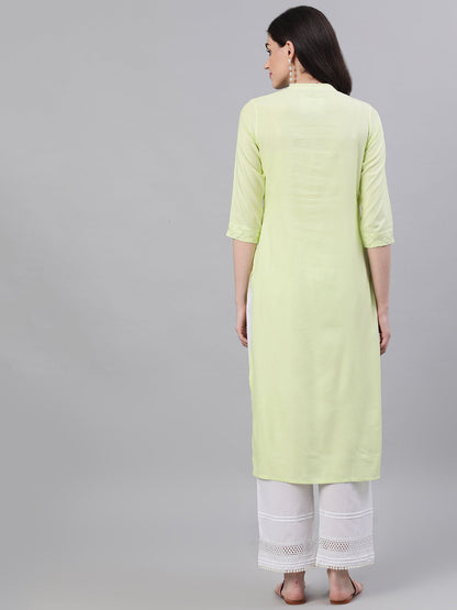 Women Lime Green Calf Length Three-Quarter Sleeves Straight Solid Solid Viscose Rayon Kurta | LASVINI - Redefining Indian Fashion with Elegance