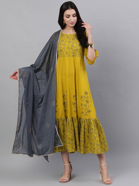 Women Yellow Floral Printed Round Neck Cotton Maxi Dress With Dupatta | LASVINI - Redefining Indian Fashion with Elegance