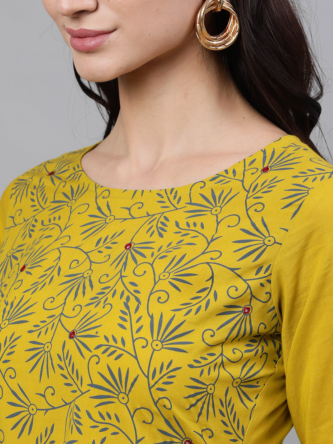 Women Yellow Floral Printed Round Neck Cotton Maxi Dress With Dupatta | LASVINI - Redefining Indian Fashion with Elegance