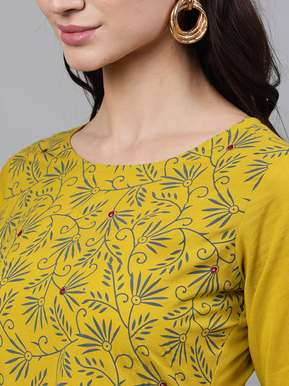 Women Yellow Floral Printed Round Neck Cotton Maxi Dress With Dupatta | LASVINI - Redefining Indian Fashion with Elegance