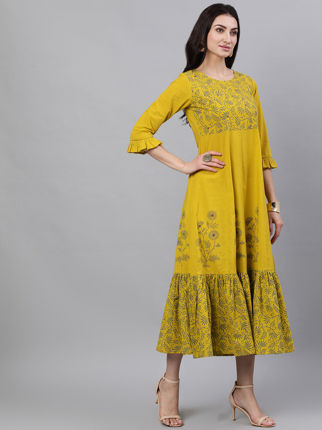 Women Yellow Floral Printed Round Neck Cotton Maxi Dress With Dupatta | LASVINI - Redefining Indian Fashion with Elegance