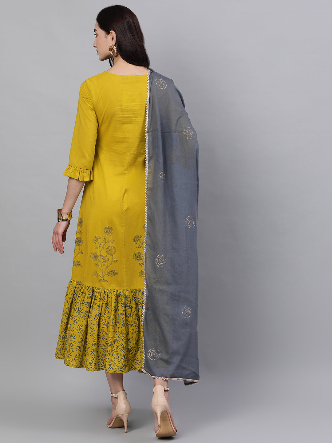 Women Yellow Floral Printed Round Neck Cotton Maxi Dress With Dupatta | LASVINI - Redefining Indian Fashion with Elegance