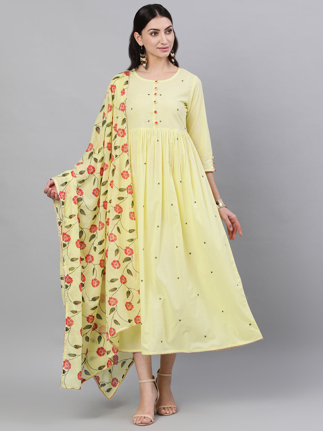Women Yellow Solid Solid Round Neck Cotton Maxi Dress With Dupatta | LASVINI - Redefining Indian Fashion with Elegance