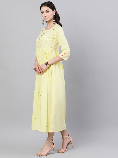 Women Yellow Solid Solid Round Neck Cotton Maxi Dress With Dupatta | LASVINI - Redefining Indian Fashion with Elegance
