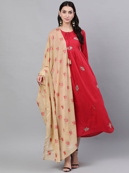 Women Red Floral Embroidered V-Neck Cotton Maxi Dress With Dupatta | LASVINI - Redefining Indian Fashion with Elegance
