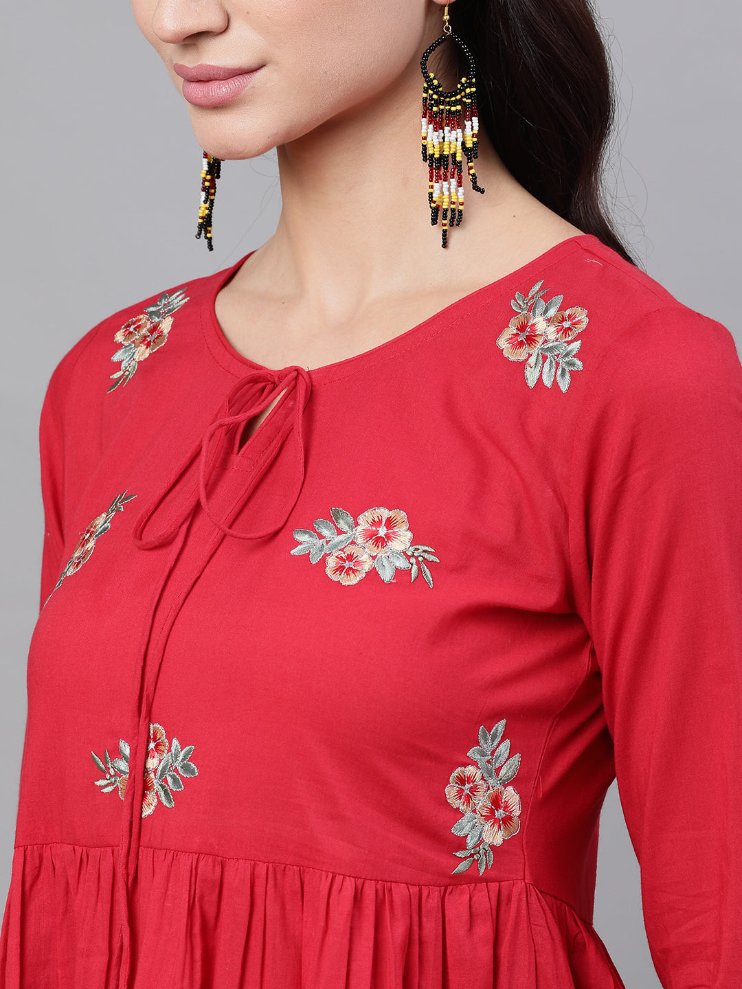 Women Red Floral Embroidered V-Neck Cotton Maxi Dress With Dupatta | LASVINI - Redefining Indian Fashion with Elegance