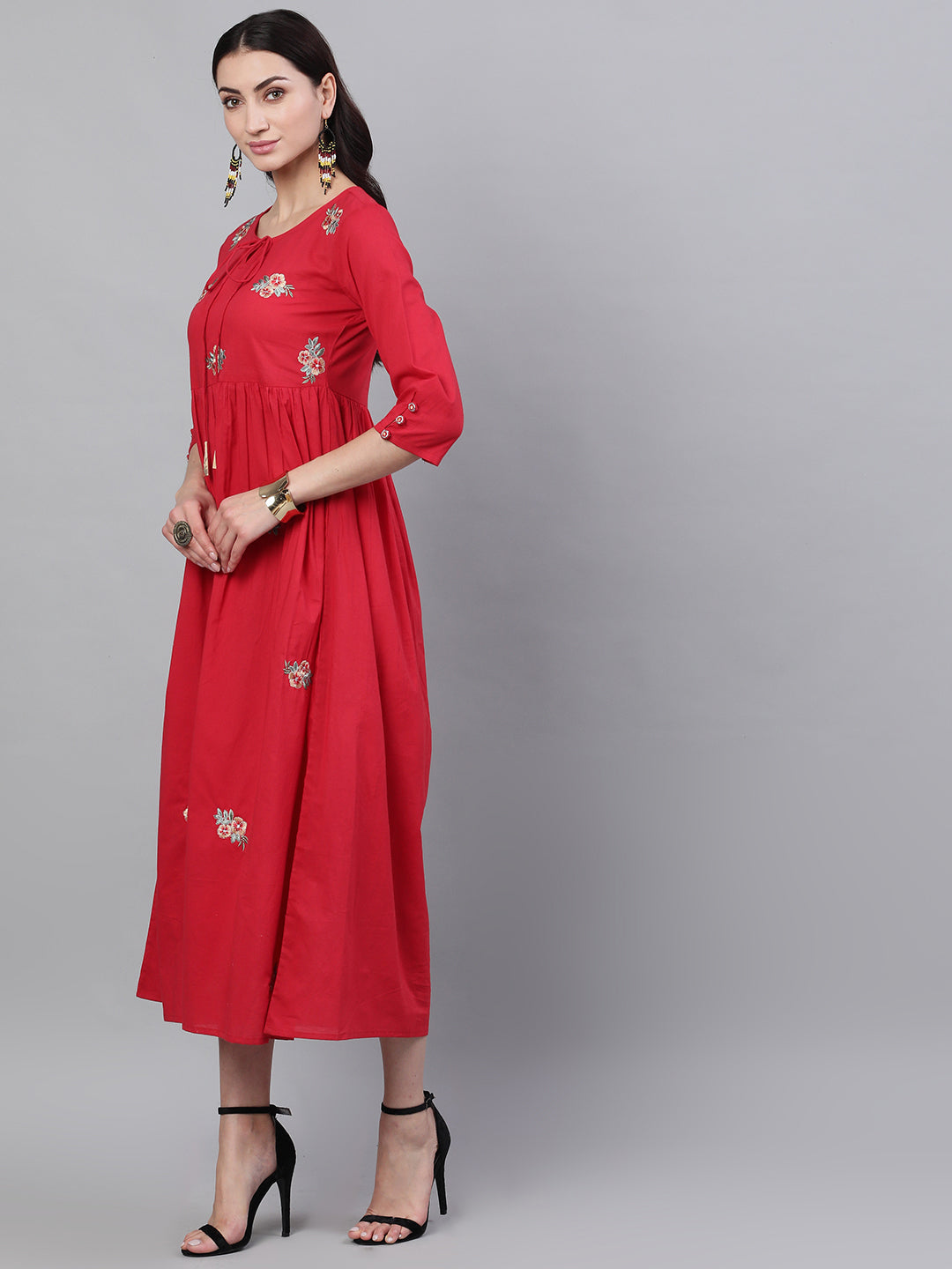 Women Red Floral Embroidered V-Neck Cotton Maxi Dress With Dupatta | LASVINI - Redefining Indian Fashion with Elegance