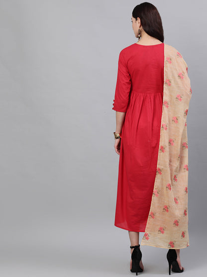 Women Red Floral Embroidered V-Neck Cotton Maxi Dress With Dupatta | LASVINI - Redefining Indian Fashion with Elegance