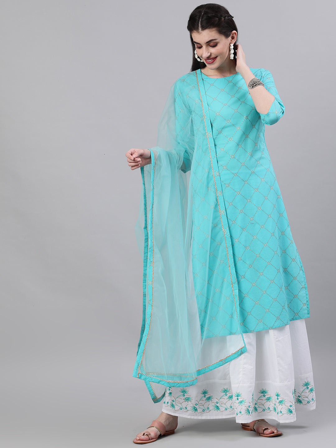 Women Skyblue Three-Quarter Sleeves Straight Kurta Skirt Set With Dupatta | LASVINI - Redefining Indian Fashion with Elegance