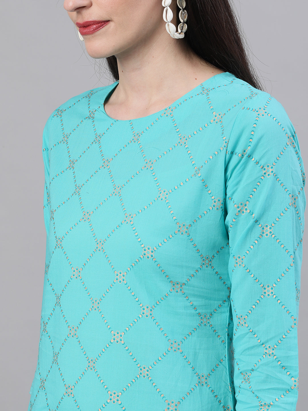 Women Skyblue Three-Quarter Sleeves Straight Kurta Skirt Set With Dupatta | LASVINI - Redefining Indian Fashion with Elegance