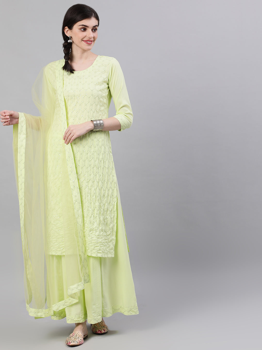 Women Lime Yellow Three-Quarter Sleeves Straight Kurta Skirt Set With Dupatta | LASVINI - Redefining Indian Fashion with Elegance