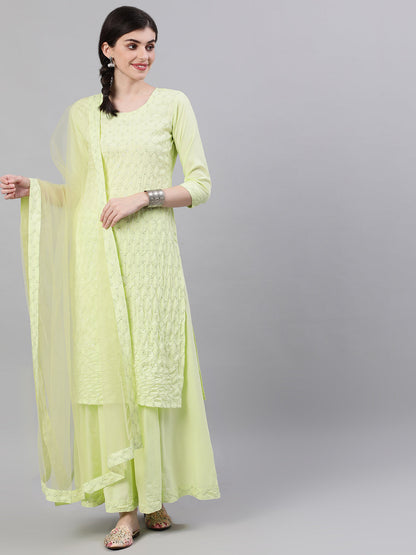 Women Lime Yellow Three-Quarter Sleeves Straight Kurta Skirt Set With Dupatta | LASVINI - Redefining Indian Fashion with Elegance