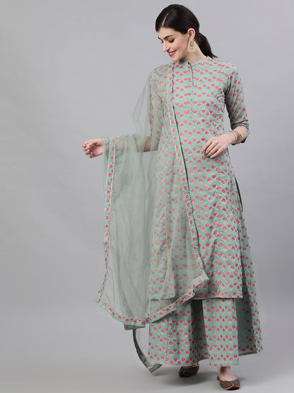 Women Light Green Three-Quarter Sleeves Straight Kurta Skirt Set With Dupatta | LASVINI - Redefining Indian Fashion with Elegance