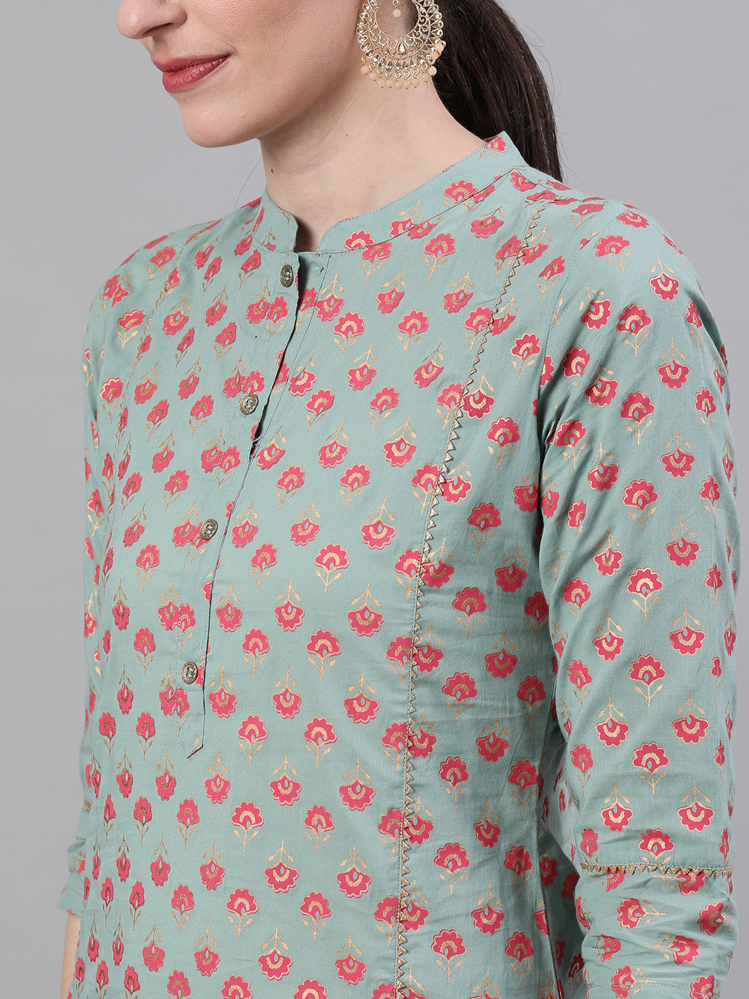 Women Light Green Three-Quarter Sleeves Straight Kurta Skirt Set With Dupatta | LASVINI - Redefining Indian Fashion with Elegance