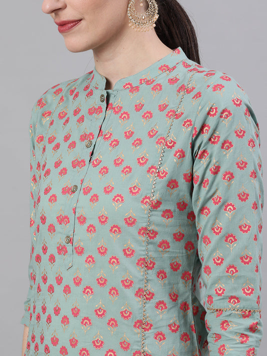 Women Light Green Three-Quarter Sleeves Straight Kurta Skirt Set With Dupatta | LASVINI - Redefining Indian Fashion with Elegance