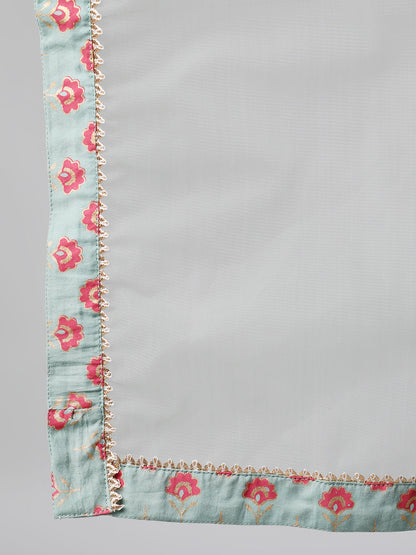 Women Light Green Three-Quarter Sleeves Straight Kurta Skirt Set With Dupatta | LASVINI - Redefining Indian Fashion with Elegance