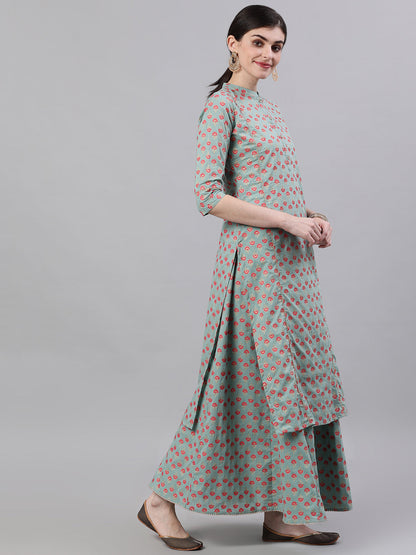 Women Light Green Three-Quarter Sleeves Straight Kurta Skirt Set With Dupatta | LASVINI - Redefining Indian Fashion with Elegance