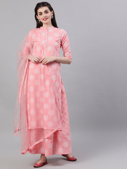 Women Pink Three-Quarter Sleeves Straight Kurta Skirt Set With Dupatta | LASVINI - Redefining Indian Fashion with Elegance