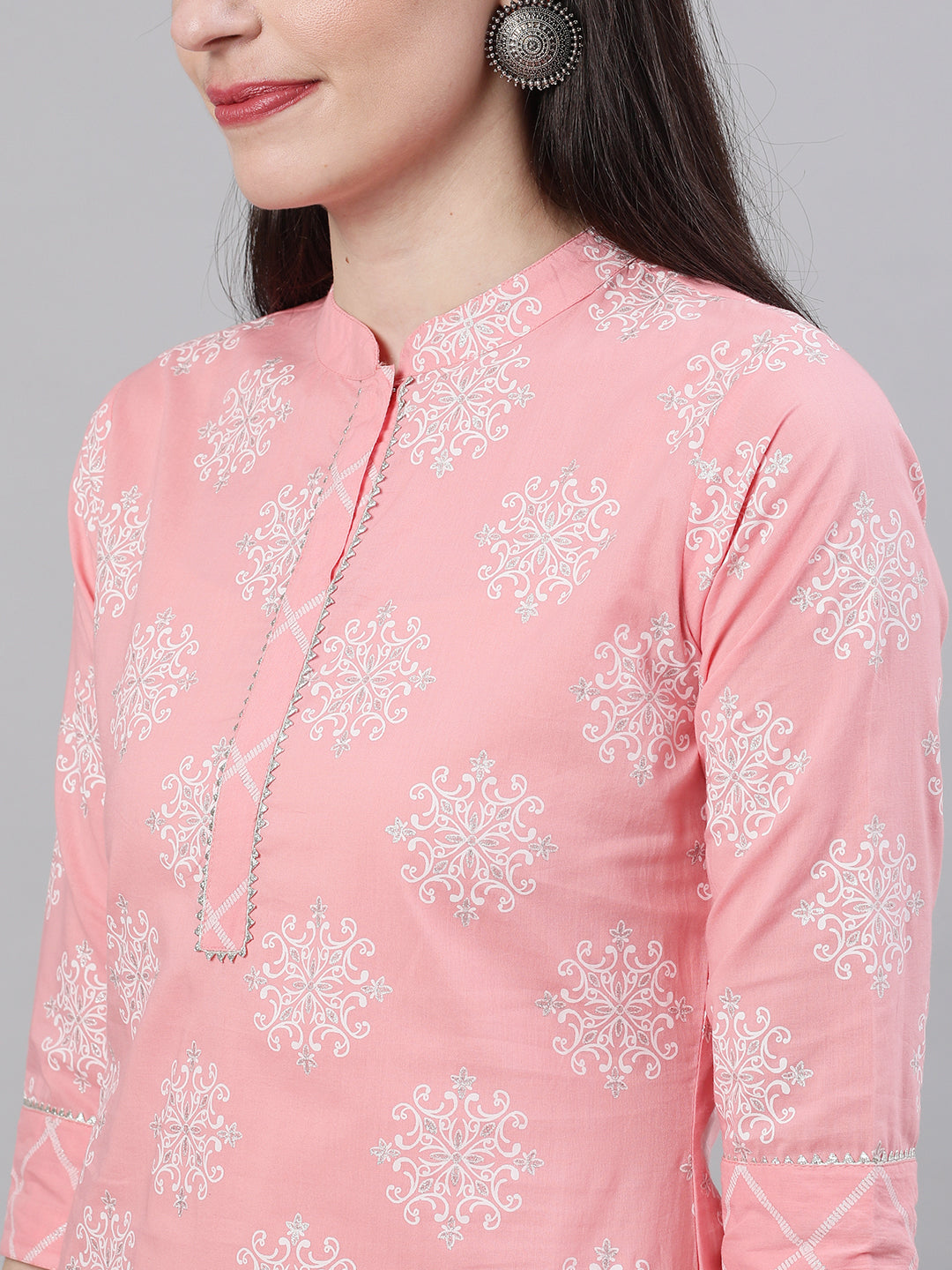 Women Pink Three-Quarter Sleeves Straight Kurta Skirt Set With Dupatta | LASVINI - Redefining Indian Fashion with Elegance