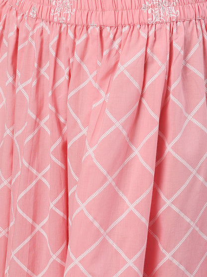 Women Pink Three-Quarter Sleeves Straight Kurta Skirt Set With Dupatta | LASVINI - Redefining Indian Fashion with Elegance