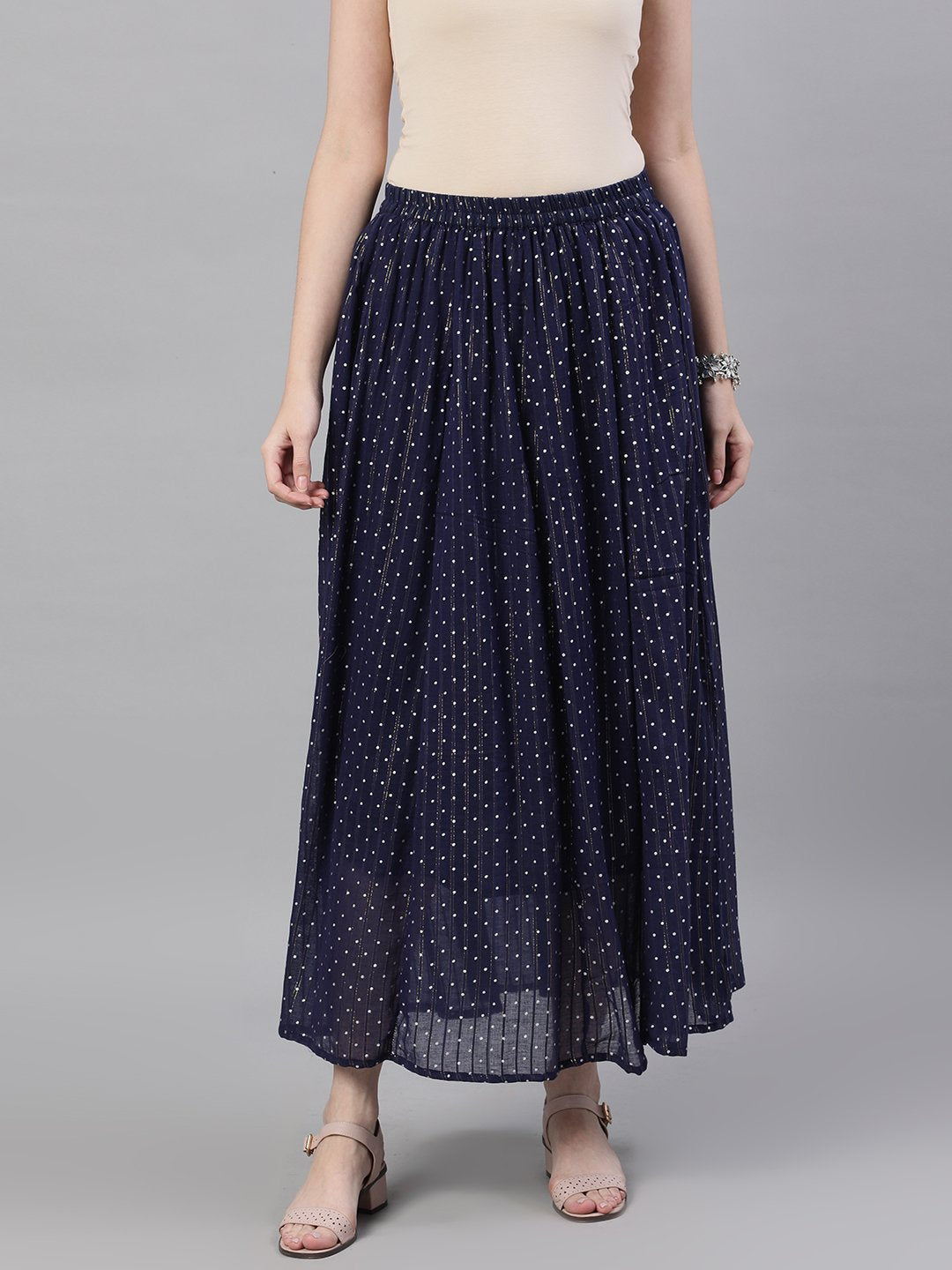 Women Navy Blue Polka Dot Printed Maxi Skirt | LASVINI - Redefining Indian Fashion with Elegance