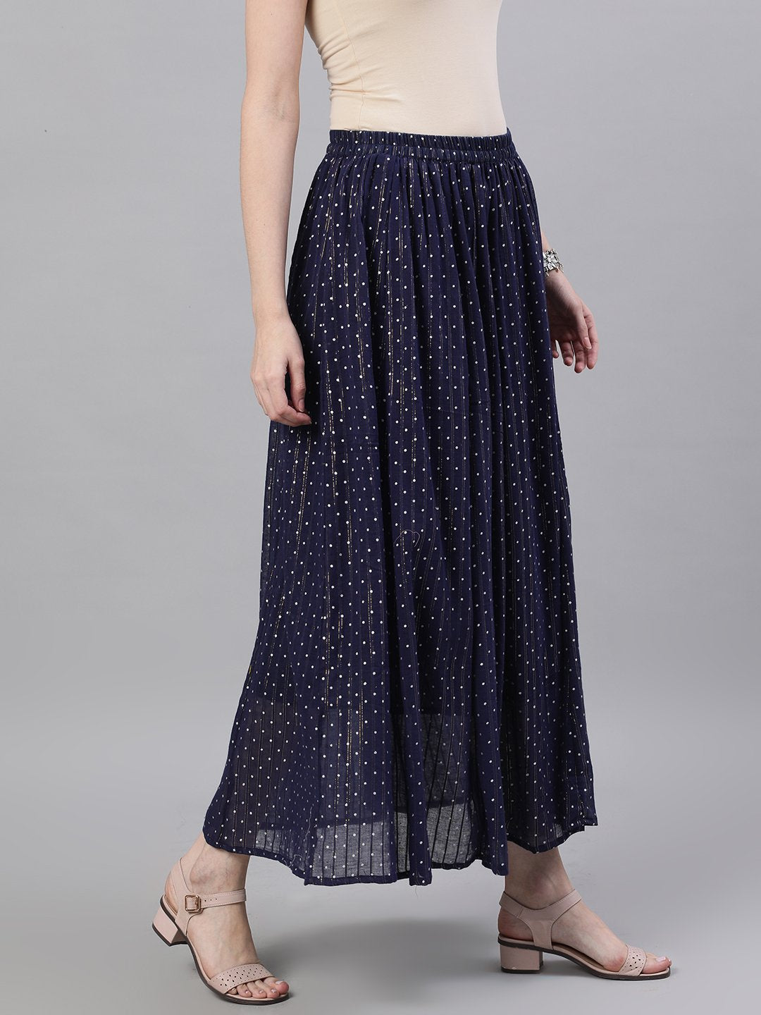 Women Navy Blue Polka Dot Printed Maxi Skirt | LASVINI - Redefining Indian Fashion with Elegance