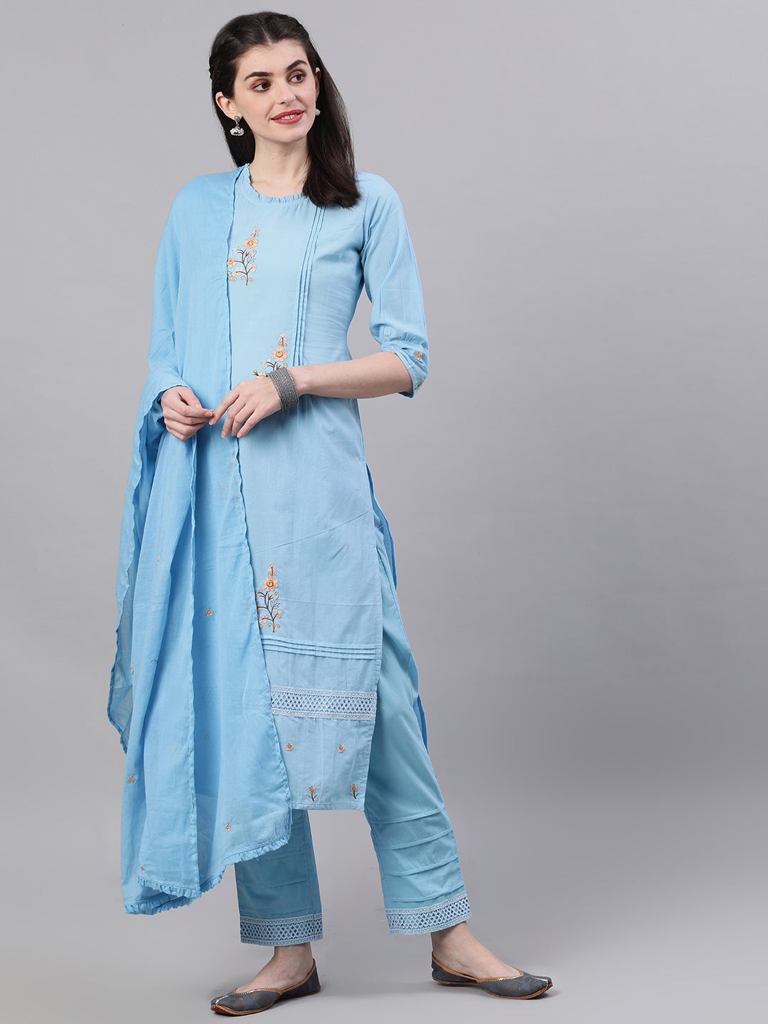Women Light Blue Three-Quarter Sleeves Flared Kurta Palazzo With Dupatta | LASVINI - Redefining Indian Fashion with Elegance
