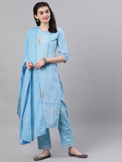 Women Light Blue Three-Quarter Sleeves Flared Kurta Palazzo With Dupatta | LASVINI - Redefining Indian Fashion with Elegance