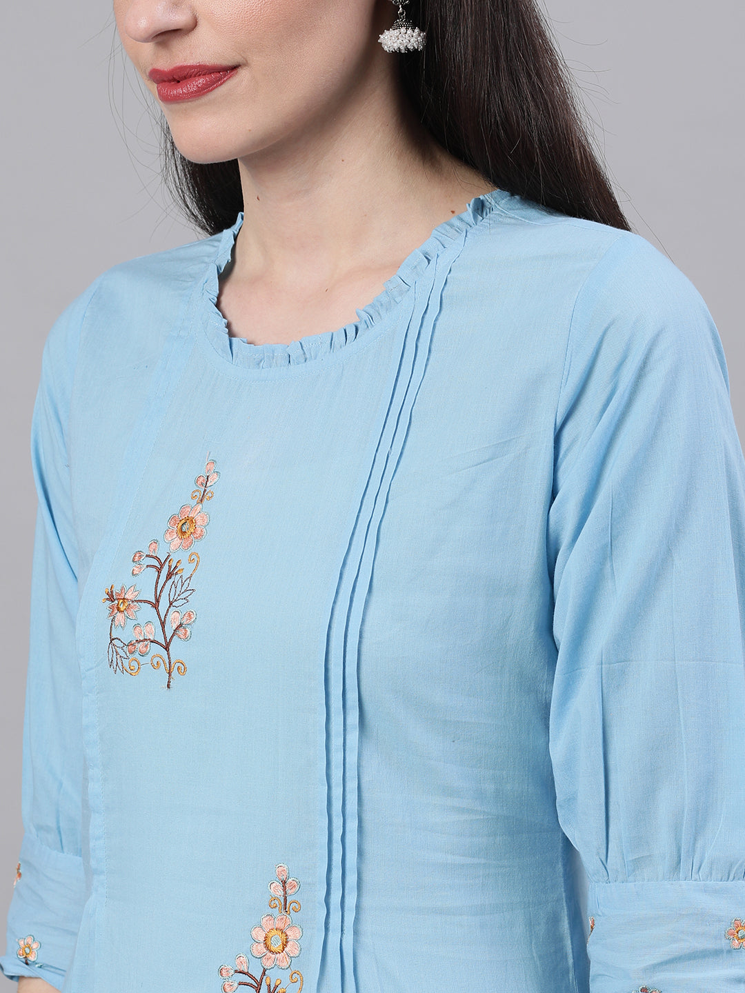 Women Light Blue Three-Quarter Sleeves Flared Kurta Palazzo With Dupatta | LASVINI - Redefining Indian Fashion with Elegance