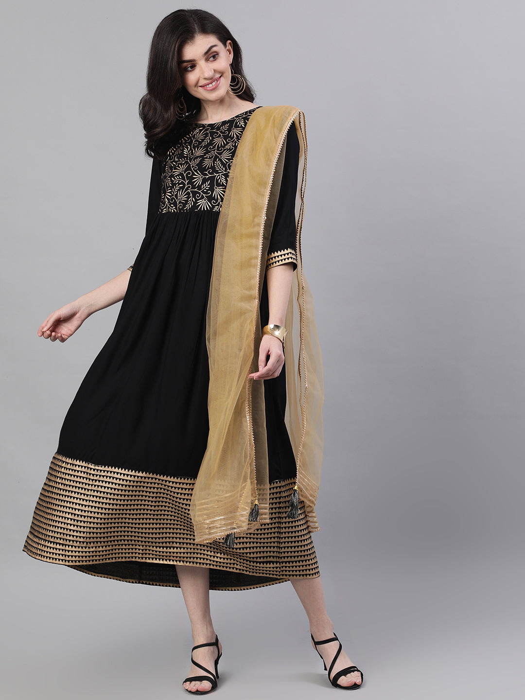 Women Black Floral Solid Round Neck Viscose Rayon Maxi Dress With Dupatta | LASVINI - Redefining Indian Fashion with Elegance