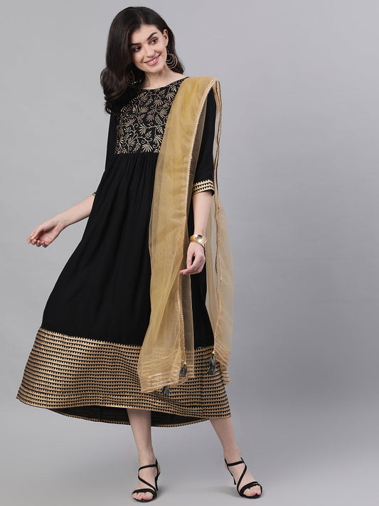 Women Black Floral Solid Round Neck Viscose Rayon Maxi Dress With Dupatta | LASVINI - Redefining Indian Fashion with Elegance