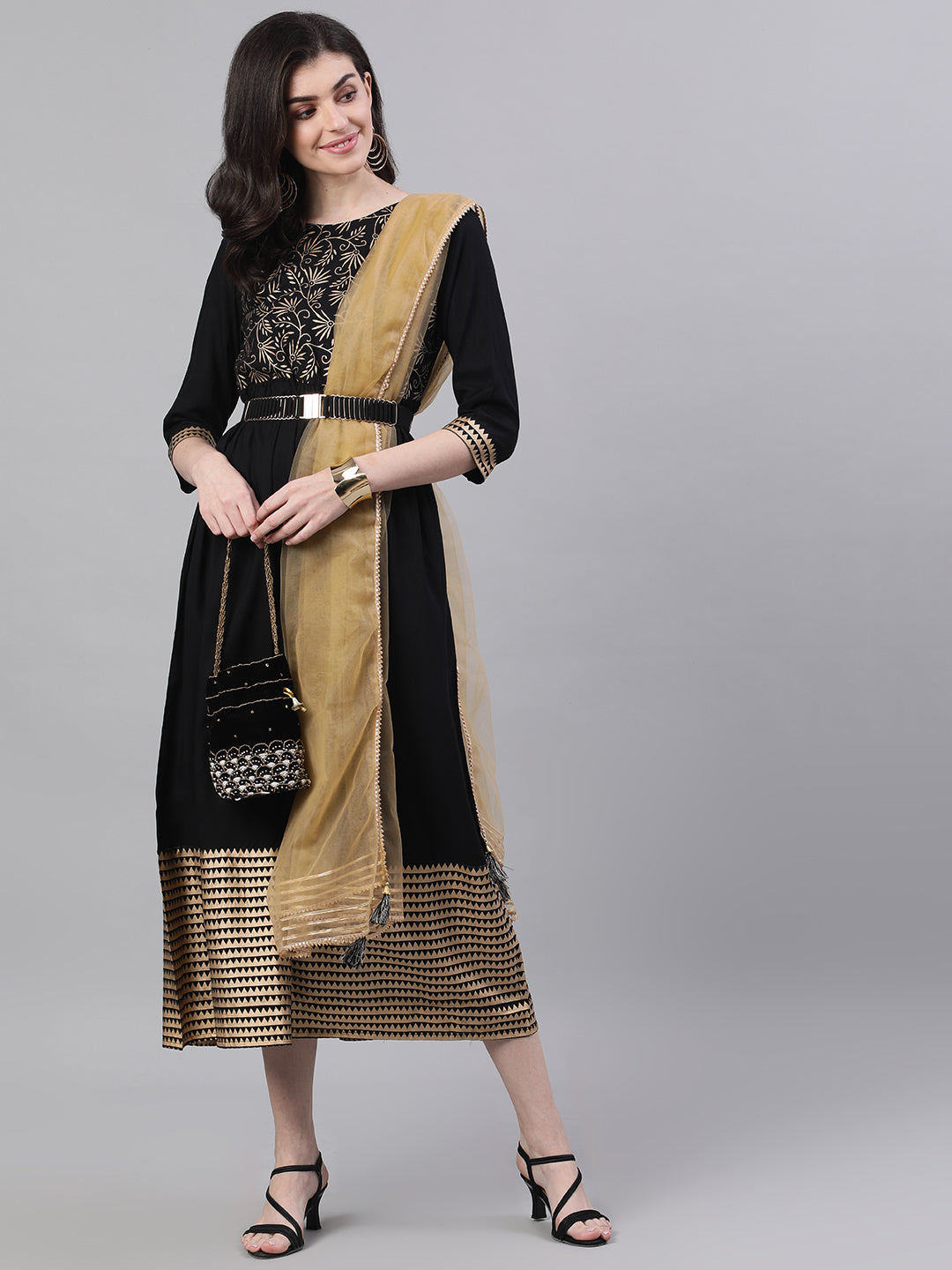 Women Black Floral Solid Round Neck Viscose Rayon Maxi Dress With Dupatta | LASVINI - Redefining Indian Fashion with Elegance
