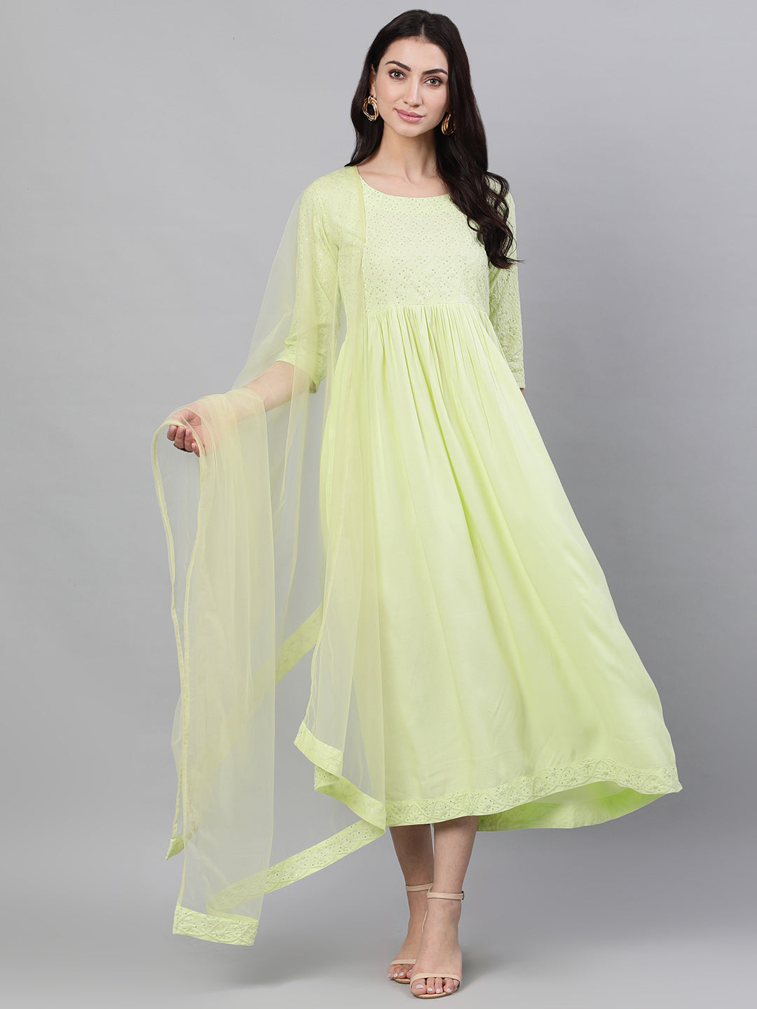 Women Light Neon Green Solid Embroidered Round Neck Viscose Rayon Maxi Dress With Dupatta | LASVINI - Redefining Indian Fashion with Elegance
