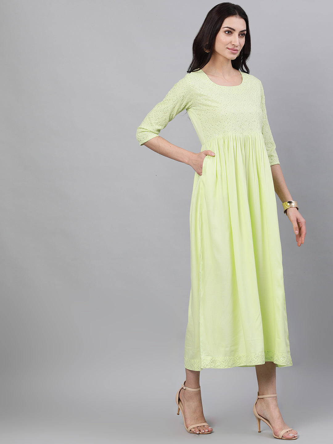 Women Light Neon Green Solid Embroidered Round Neck Viscose Rayon Maxi Dress With Dupatta | LASVINI - Redefining Indian Fashion with Elegance