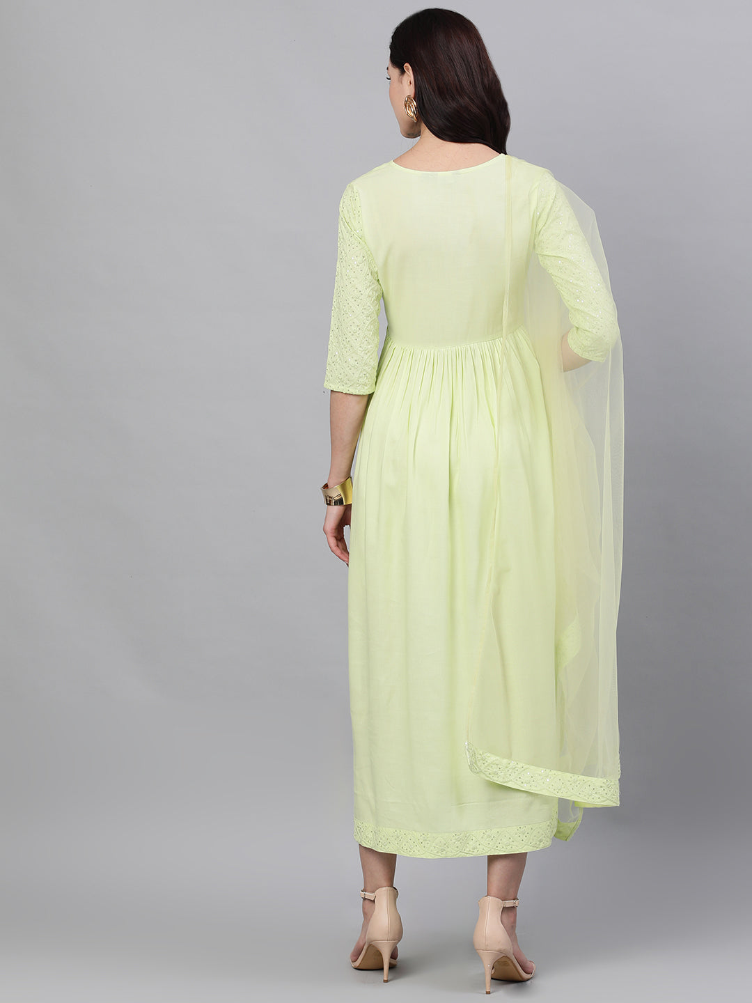 Women Light Neon Green Solid Embroidered Round Neck Viscose Rayon Maxi Dress With Dupatta | LASVINI - Redefining Indian Fashion with Elegance