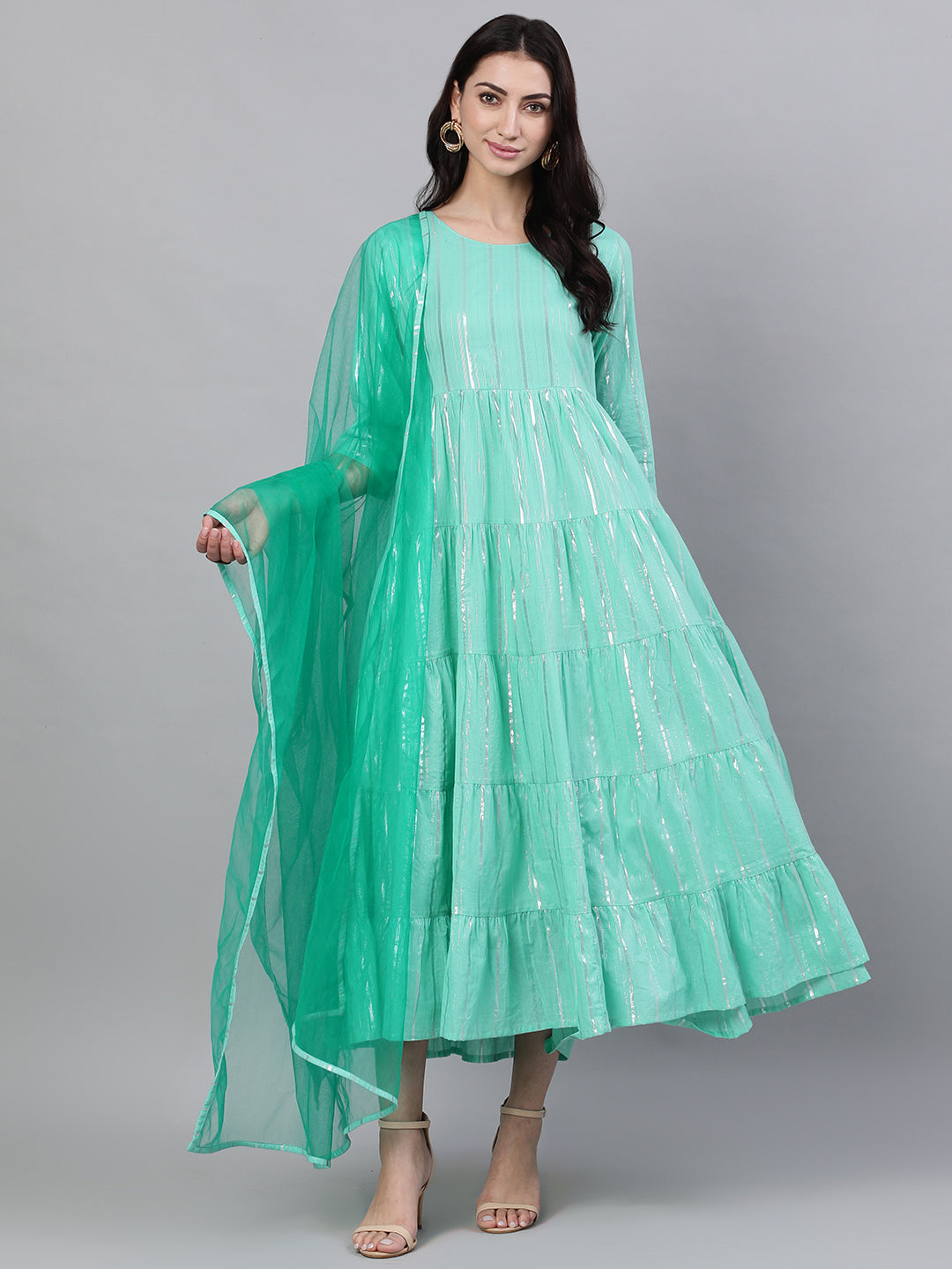 Women Green Solid Solid Round Neck Cotton Maxi Dress | LASVINI - Redefining Indian Fashion with Elegance