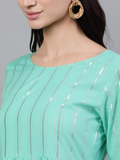 Women Green Solid Solid Round Neck Cotton Maxi Dress | LASVINI - Redefining Indian Fashion with Elegance