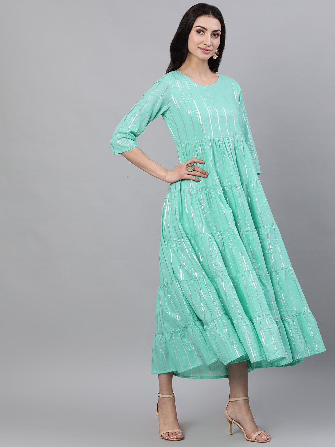 Women Green Solid Solid Round Neck Cotton Maxi Dress | LASVINI - Redefining Indian Fashion with Elegance
