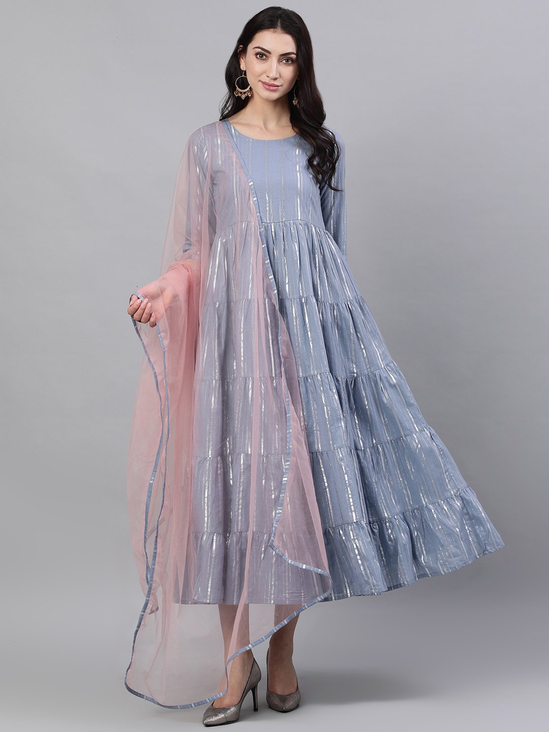 Women Light Grey Solid Solid Round Neck Cotton Maxi Dress | LASVINI - Redefining Indian Fashion with Elegance