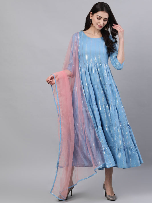 Women Blue Solid Solid Round Neck Cotton Maxi Dress | LASVINI - Redefining Indian Fashion with Elegance