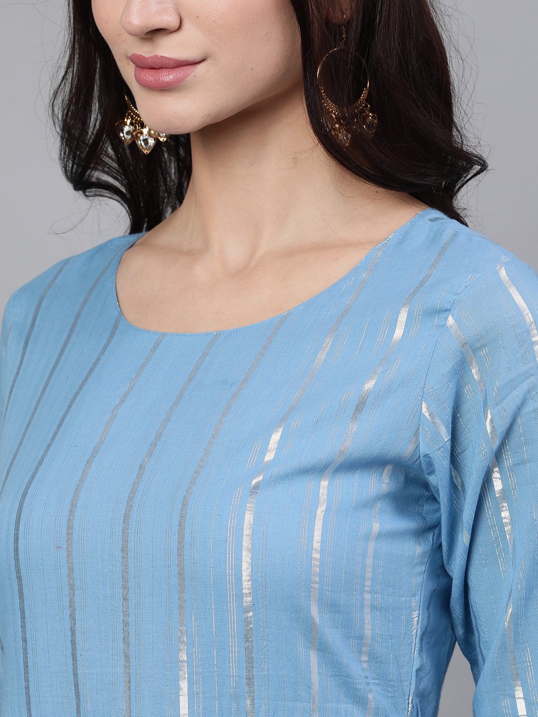 Women Blue Solid Solid Round Neck Cotton Maxi Dress | LASVINI - Redefining Indian Fashion with Elegance