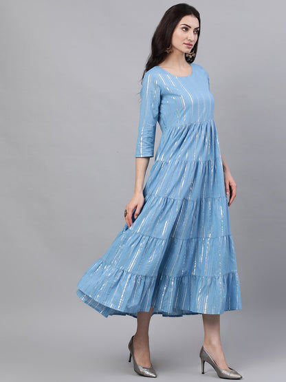 Women Blue Solid Solid Round Neck Cotton Maxi Dress | LASVINI - Redefining Indian Fashion with Elegance