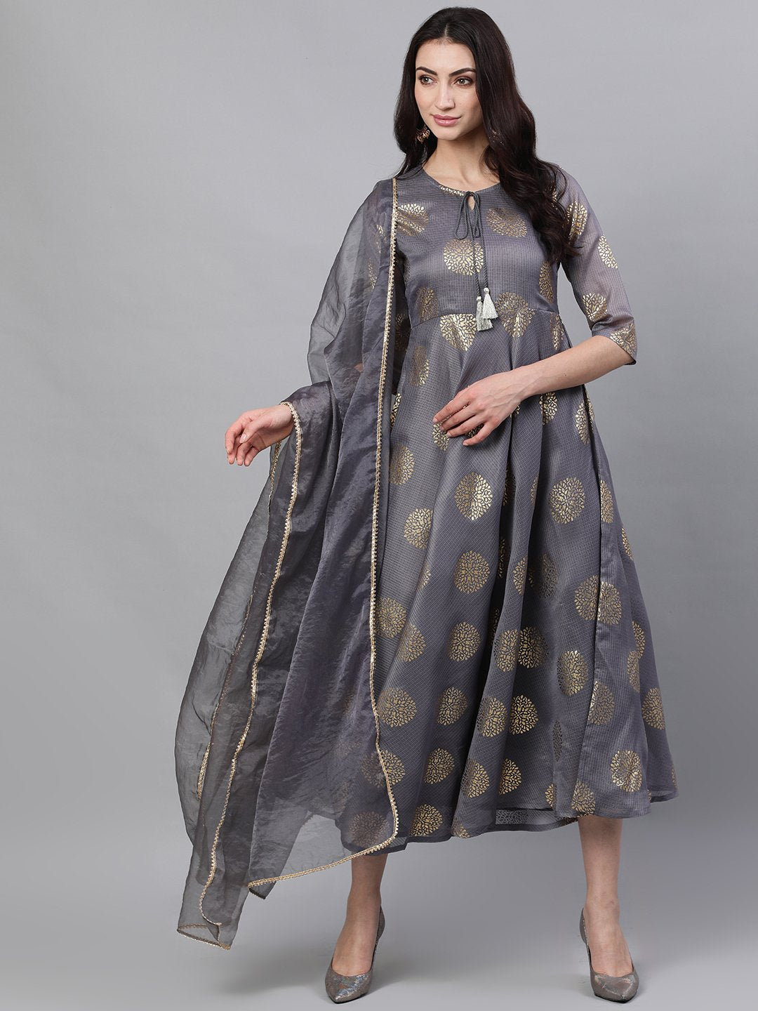 Women Grey Ethnic Motifs Printed Tie-Up Neck Cotton Maxi Dress With Dupatta | LASVINI - Redefining Indian Fashion with Elegance