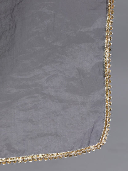 Women Grey Ethnic Motifs Printed Tie-Up Neck Cotton Maxi Dress With Dupatta | LASVINI - Redefining Indian Fashion with Elegance