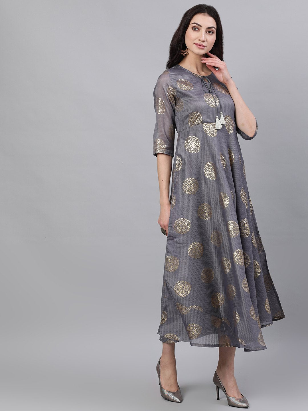 Women Grey Ethnic Motifs Printed Tie-Up Neck Cotton Maxi Dress With Dupatta | LASVINI - Redefining Indian Fashion with Elegance